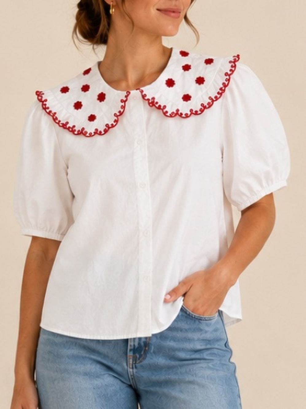 Zara White Red Embroidered Ruffle Peter Pan Collar Puff Sleeve Cotton Blouse S